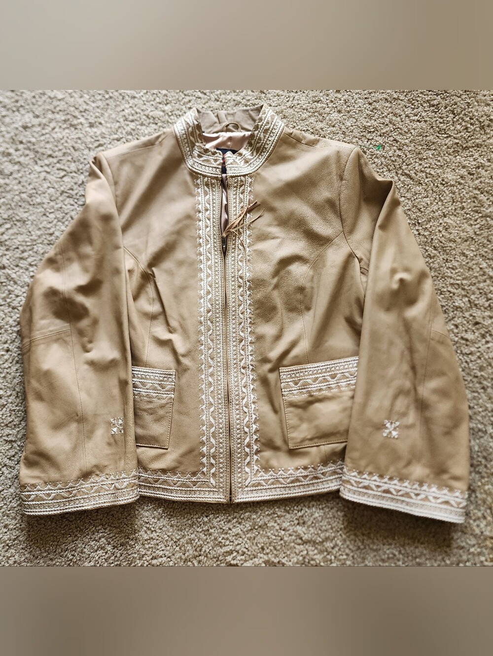 Adrienne Landau Bohemian Boho Chic Style 100% Leather Jacket Women Size 2X Beige